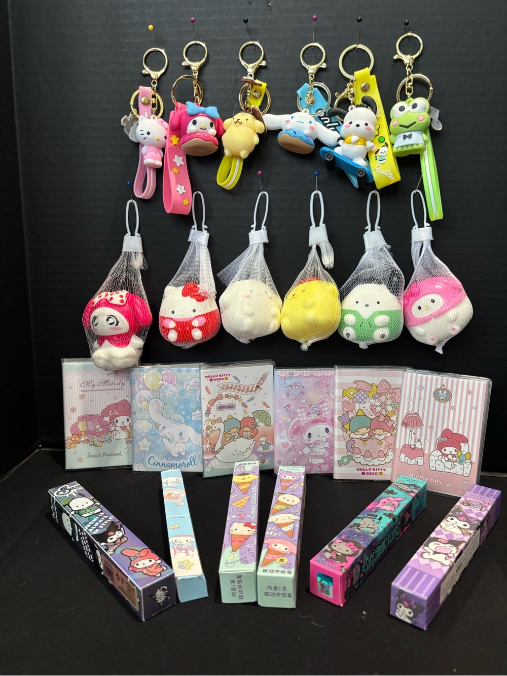 Sanrio Bundle Set Character Squishy & Keychain, Notes Books, & Blind Box Pens
